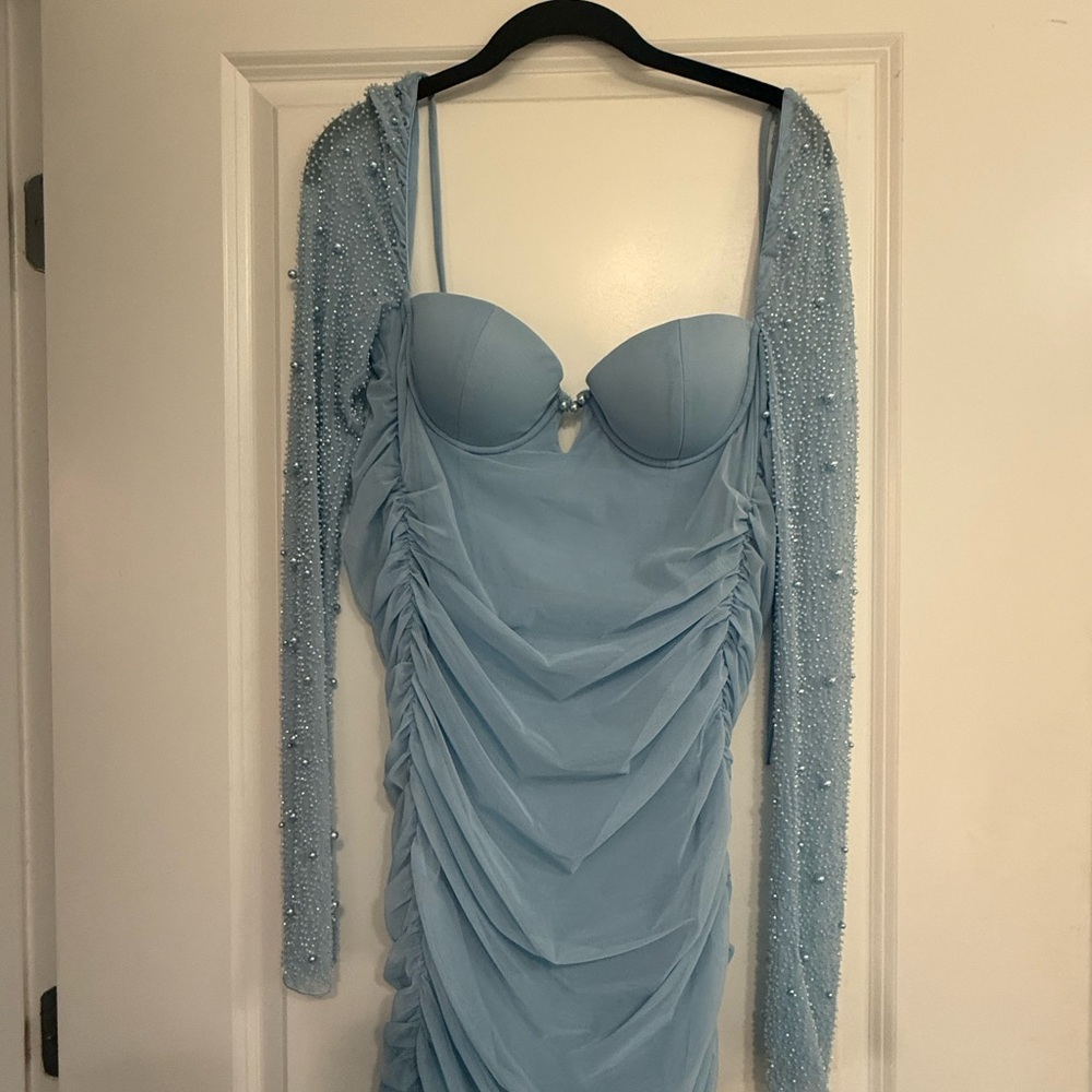 Oh Polly Blue Ruched Bodycon Mini Dress
